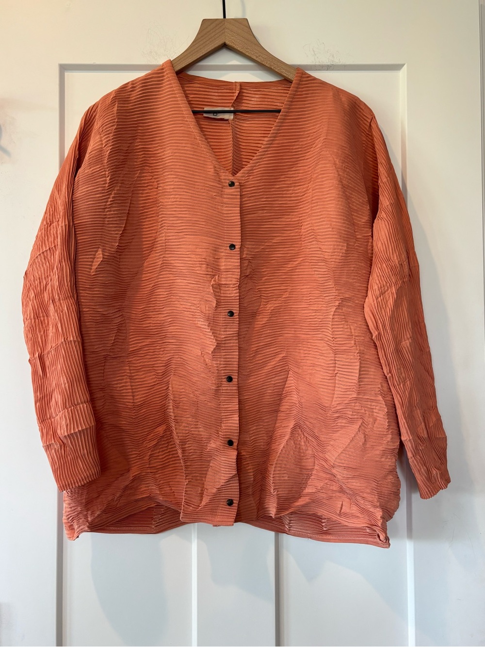 Babette SF Vintage Crinkle Pleat Lagenlook Oversized Orange Button Front Top S